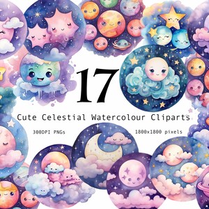 Kawaii Moon Clipart, Celestial Watercolour Clipart, Planets, Cute Solar systems, Starry Night.