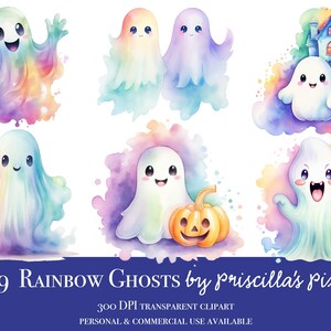 Kawaii fantômes arc-en-ciel aquarelle Clipart, fantôme mignon PNG, Clipart Halloween, téléchargement immédiat