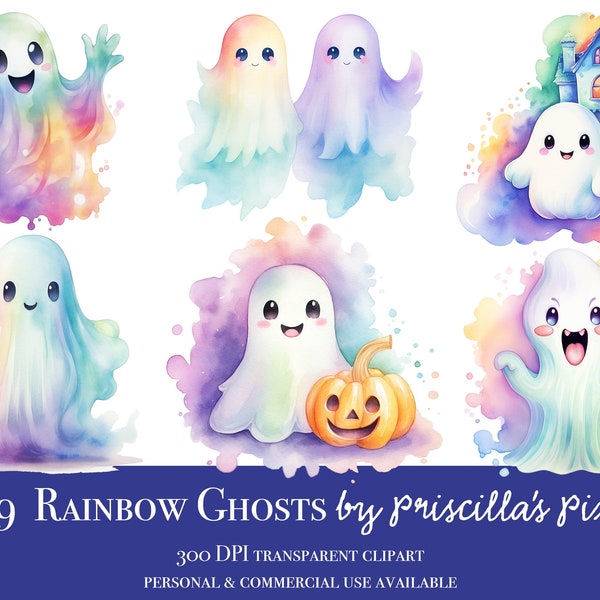 Kawaii Ghosts Rainbow Watercolour Clipart, Cute Ghost PNG, Halloween Clipart, Instant download