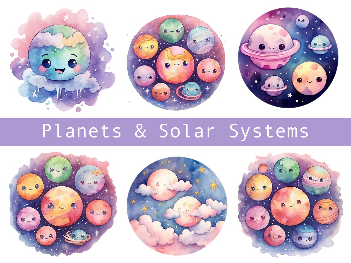 Kawaii Moon Clipart Celestial Watercolour Clipart Planets - Etsy