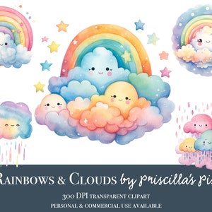 Clipart aquarelle arc-en-ciel, PNG heureux de nuage de pluie, nuages kawaii, clipart bébé arc-en-ciel, jolis arcs-en-ciel, fierté