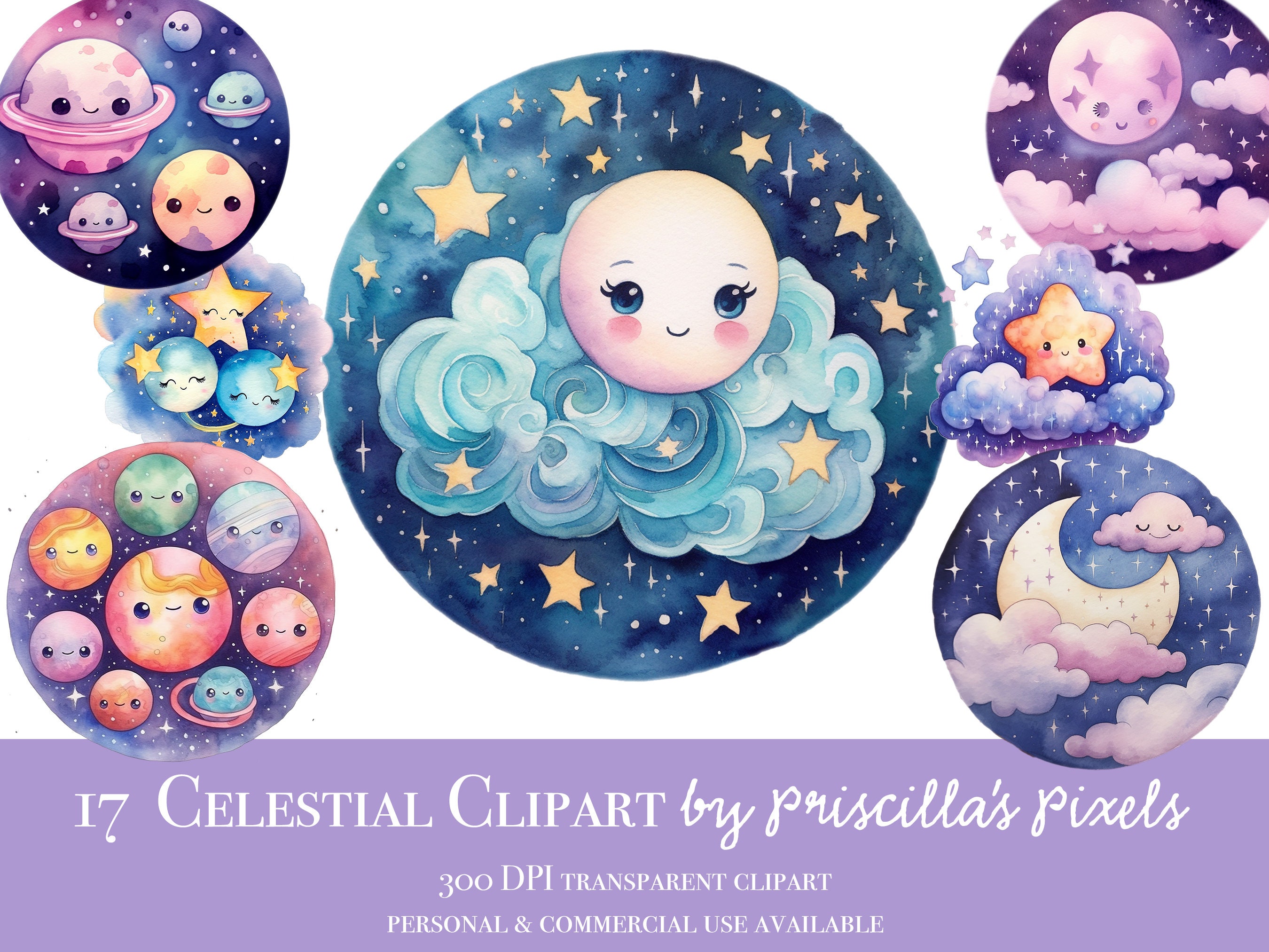 Kawaii Moon Clipart, Celestial Watercolour Clipart, Planets, Cute Solar ...