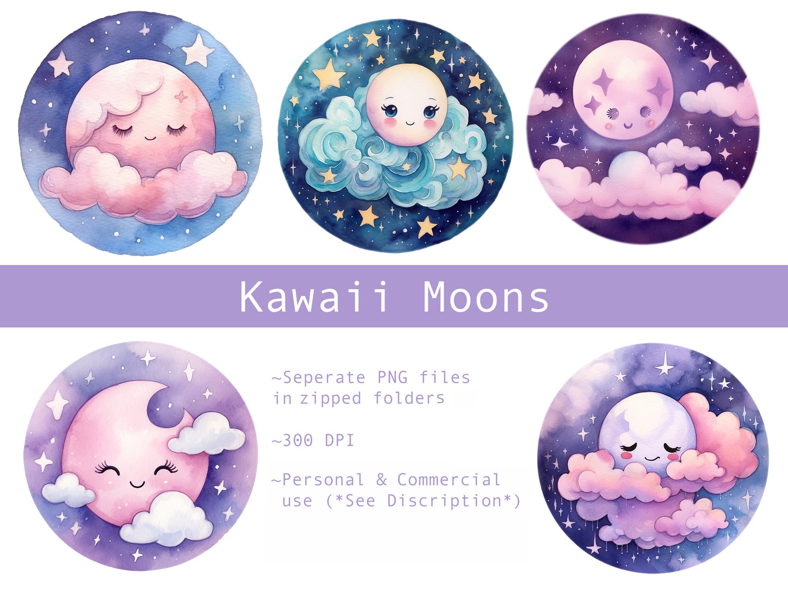 Kawaii Moon Clipart, Celestial Watercolour Clipart, Planets, Cute Solar ...
