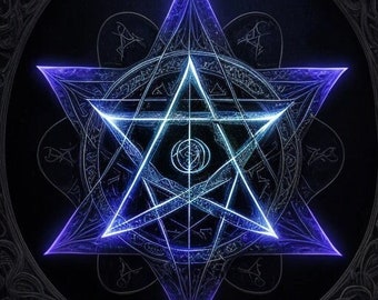 Könnte beinhalten: Ein leuchtender blauer und violetter Stern mit einem kleineren Stern im Inneren, umgeben von einem Kreis aus komplizierten Designs. Der Stern ist ein Symbol für Magie und Spiritualität.
