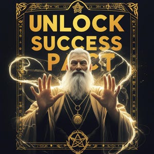 Op de afbeelding: Een man met een lange witte baard en een gouden ketting staat voor een donkere achtergrond met gloeiend licht eromheen. De tekst "UNLOCK SUCCESS PACT" staat in gouden letters bovenaan de afbeelding.