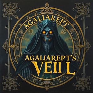 May include: A dark blue hooded figure with glowing yellow eyes stands in the center of a gold circular frame with the text "AGALIAREPT'S VEII" in yellow letters.