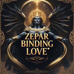 May include: A digital art print featuring a winged figure with a golden halo and a heart-shaped design. The text "ZEPAR BINDING LOVE" is written in bold, white letters.