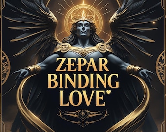 May include: A digital art print featuring a winged figure with a golden halo and a heart-shaped design. The text "ZEPAR BINDING LOVE" is written in bold, white letters.