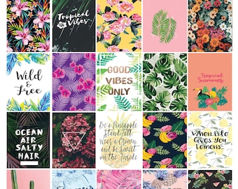 May include: A collection of colorful tropical-themed designs. The images feature floral patterns, palm leaves, pineapples, and inspirational quotes like "Tropical Vibes" and "Good Vibes Only." The color palette includes pink, green, yellow, and black.