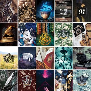 May include: A collage of images featuring the Harry Potter universe. The images include the Hogwarts crest, the Sorting Hat, a book with a wand, a train, and various other Harry Potter-themed items.