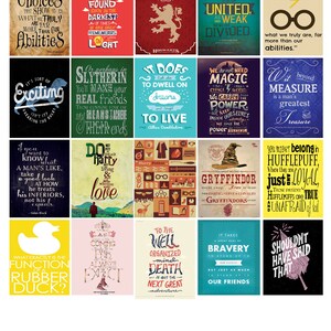 May include: A collection of 16 colorful posters with quotes from the Harry Potter series. The posters feature different characters, symbols, and themes from the books. Some of the quotes include "It is our choices, Harry, that show us what we truly are, far more than our abilities." and "Happiness can be found even in the darkest of times, if one only remembers to turn on the light."