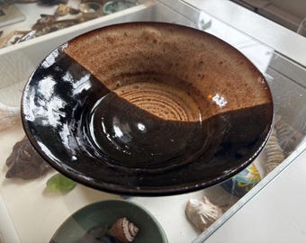 Signed Studio Pottery Bowl: Rich Brown Speckled Glaze, 8"