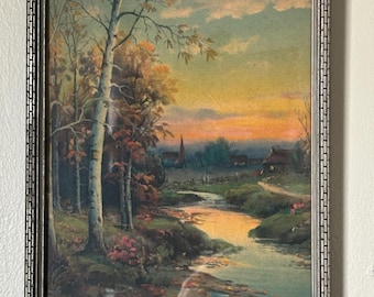 1940s Vintage Landscape Print: White Birch Trees, Silver Frame