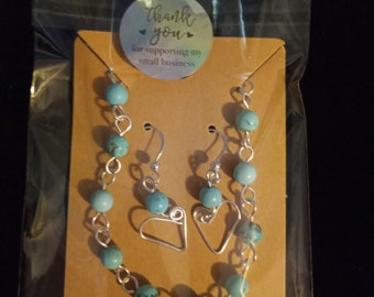 Pulsera de cuentas turquesa de plata de ley hecha a mano y juego de pendientes
