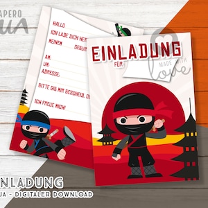 Ninja Einladung - Endformat A6, PDF Geburtstag Party zum Download und einseitig Ausdrucken in A4, deutsch - digital