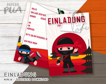 Ninja Invitation - final format A6, PDF Birthday Party for download and one-sided printing in A4, German - digital