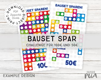 Savings challenge for kids: construction set, interlocking bricks, PDF A6 for 50 and 100 euros, financial planning