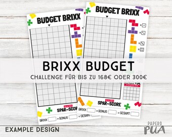 Budget Brixx, game savings challenge, financial planning, A6 PDF to save or just play.