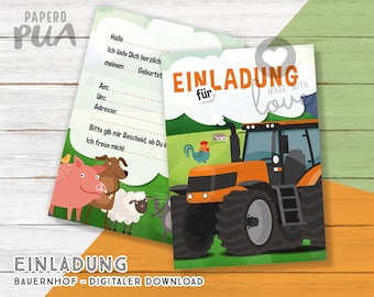 Farm Tractor Invitation - Final Format A6, PDF Birthday Party for Download and One-Sided Printing in A4, German - Digital