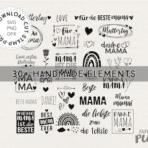 Pacote SVG para o Dia das Mães, Conjunto de Coração e Texto da Mamãe, Alemão, carimbo, impressão, termocolante, Cricut, Brother, EPS, PDF, PNG, DXF para DIY