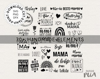 Mother's Day SVG Bundle, Mama Heart & Text Set, German, stamp, print, iron on, Cricut, Brother, eps, pdf, png, dxf for DIY