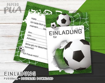 Fußball Einladung - Endformat A6, PDF Geburtstag Party zum Download und einseitig Ausdrucken in A4, deutsch - digital