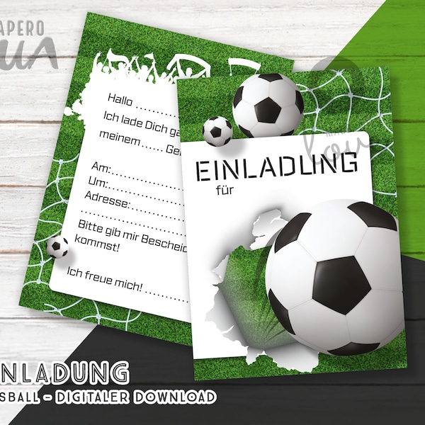 Fußball Einladung - Endformat A6, PDF Geburtstag Party zum Download und einseitig Ausdrucken in A4, deutsch - digital