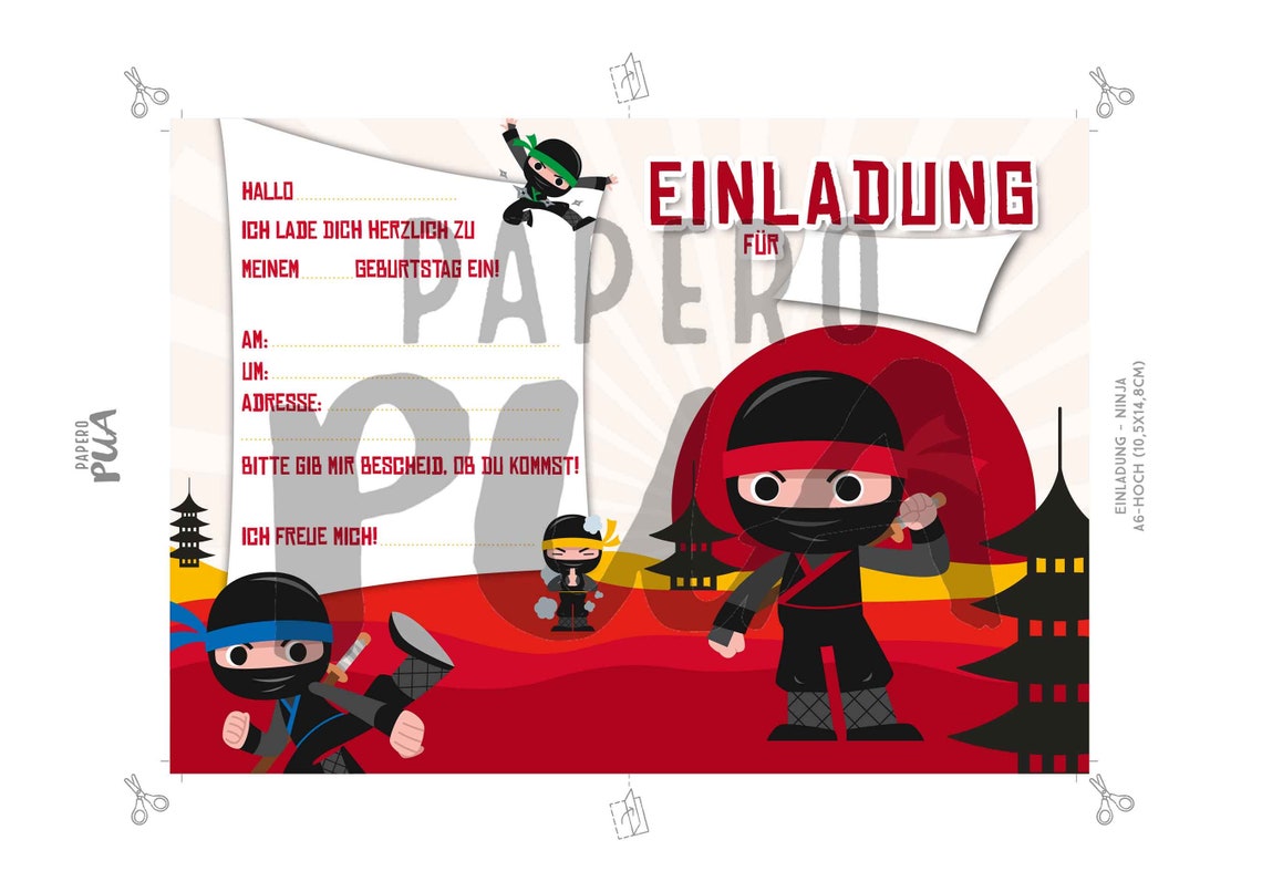 Ninja Invitation Final Format A6, PDF Birthday Party for Download and One-sided Printing in A4 