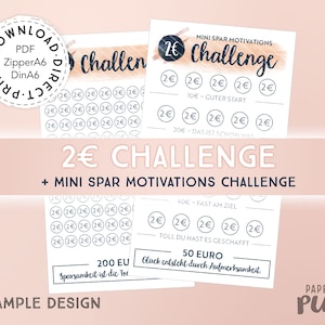 Könnte beinhalten: Ein druckbarer 2-Euro-Challenge-Spar-Tracker mit einer Mini-Spar-Motivations-Challenge. Der Tracker hat 50 Kreise, die mit 2-Euro-Beträgen ausgefüllt werden können. Die Mini-Challenge hat 5 Schritte mit motivierenden Texten. Der Text auf dem Tracker lautet "2 Euro Challenge + Mini Spar Motivations Challenge".