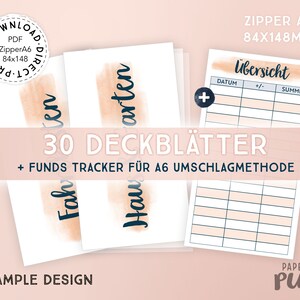 Könnte beinhalten: Ein Set mit 30 druckbaren A6-Umschlaggröße mit Aquarellhintergrund und handschriftlichem Text. Die Umschläge sind für ein Budgetierungssystem namens Umschlagmethode konzipiert. Das Set enthält außerdem ein druckbares A6-Funds-Tracker-Blatt mit einem Raster zum Aufzeichnen von Einnahmen und Ausgaben.
