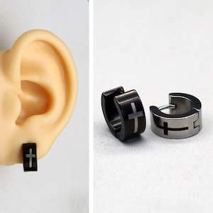 Boucle d&#39;oreille croix Huggie en acier titane 20G/créoles argentées et noires/style japonais/bijoux Cosplay d&#39;animation/minimaliste