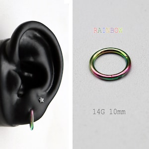 Cerceau à cartilage couleur arc-en-ciel, 14 g, 10 mm | Acier chirurgical | Cerceau à cliquet articulé sans couture | Piercing pour le corps | Boucle d'oreille Helix | Anneau de nez | Tragus