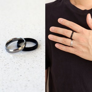 4mm Simple Band Ring Black/Silver, Stainless Steel Hypoallergenic Band, Unisex Glossy Ring