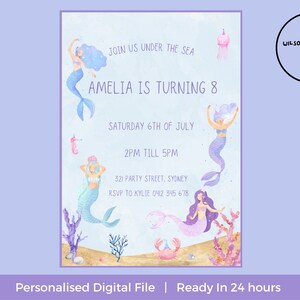 Mermaid Theme Birthday Invitation, Party Invite, Digital Invitation, Personalised Invitation, Mermaid Party, Under The Sea, Party Invitation