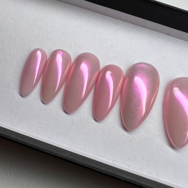 Pink Aura Chrome Almond Nude Nails |GelX Clasy Press On Nails