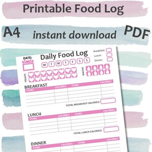Daily Food Log - Kalorienzähler - Digital Download - PDF - A4 - Rosa