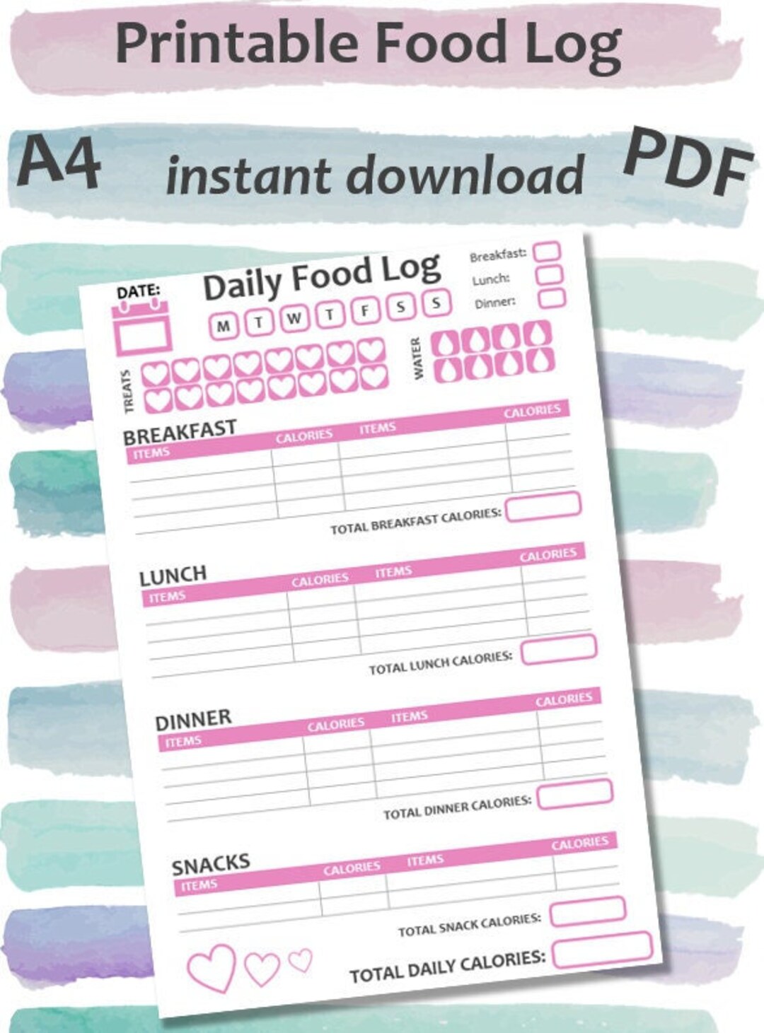 Daily Food Log - Calorie Tracker - Digital Download - PDF - A4 - Pink ...