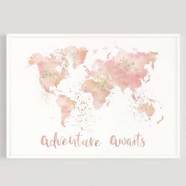 SINGLE PRINT - Girl Nursery Wall Art, Nursery Wall Decor, Girl Room Decor, Nursery Decor Poster, Pink World Map, Wall Poster Map Pink