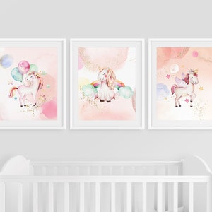 Unicorn Nursery Wall Art Print Set, Unicorn Girl Room Wall Decor, Girl Baby Shower Gift, Girl Birthday, Toddler Girl Birthday Gift, Unicorns