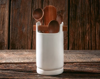 Unique Ceramic  Modern White Matte Utensil Holder with Wooden Handler