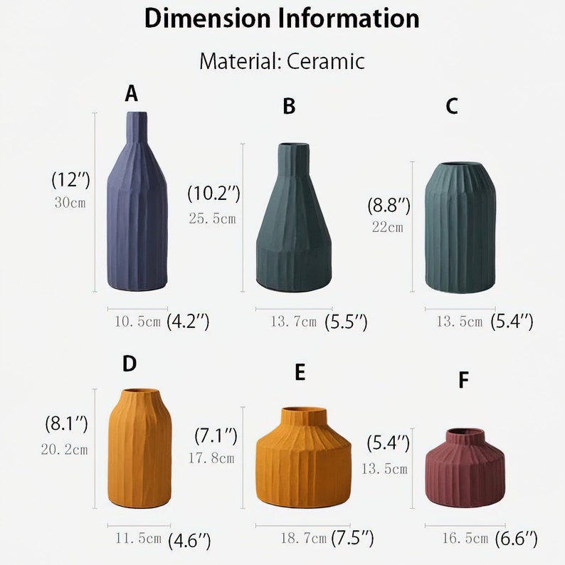 May include: Six ceramic vases in different colours and sizes. The vases are all ribbed and have a modern design. The vases are labelled A through F and have measurements in inches and centimetres.