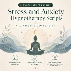 May include: A digital script bundle titled Stress and Anxiety Hypnotherapy Scripts with 10 Ready-to-Use Scripts. The graphic features a silhouette of a person in a seated meditation pose against a background of blue watercolor waves and a crescent moon.