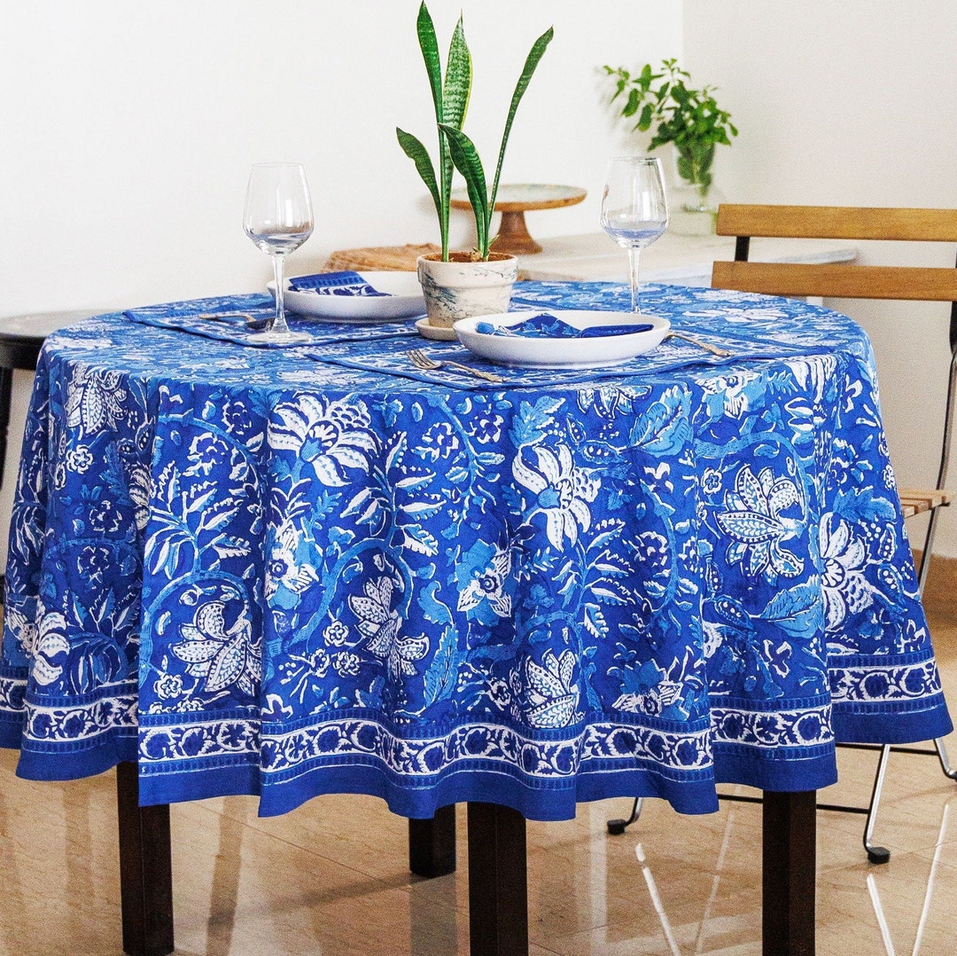Indigo Blue Floral Hand Block Printed Tablecloth, Indian Cotton Table