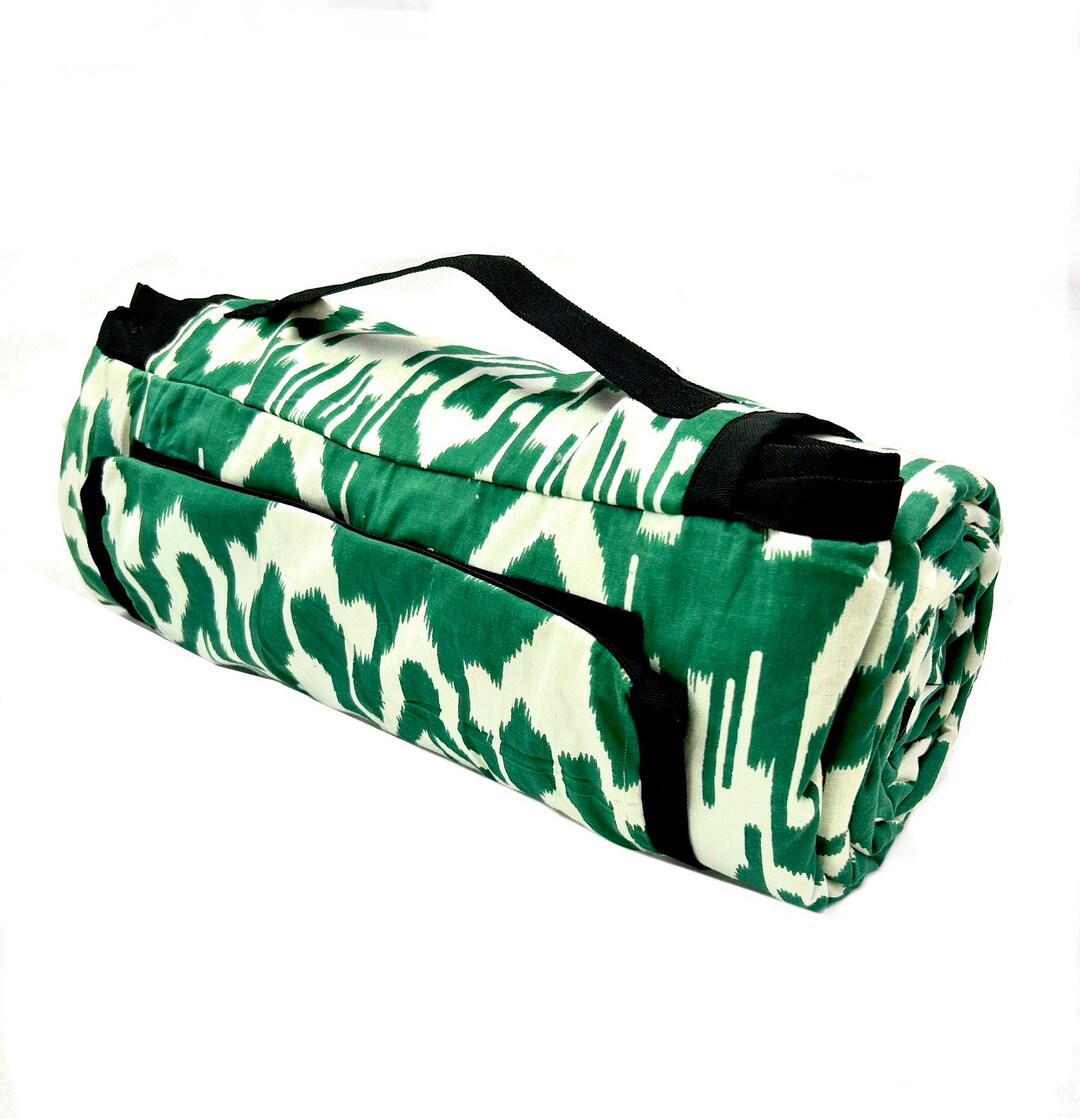 Green Ikat Boho Picnic Blanket & Beach Blanket, 3 Layered Premium