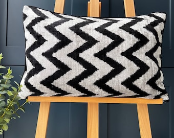 Handwoven Rectangle Ikat Silk Velvet Cushion Cover 16”x24” (40x60 cm)