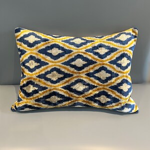 Può includere: Un cuscino rettangolare in velluto blu e oro con un motivo geometrico.