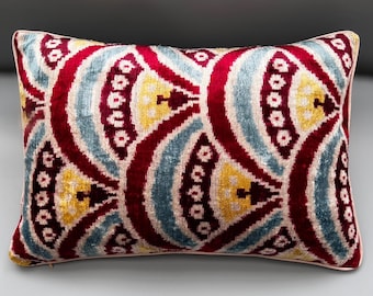 Handwoven Rectangle Ikat Silk Velvet Cushion Cover 16”x24” (40x60 cm)