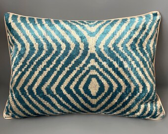 Handwoven Rectangle Ikat Silk Velvet Cushion Cover 16”x24” (40x60 cm)