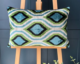 Handwoven Rectangle Ikat Silk Velvet Cushion Cover 16”x24” (40x60 cm)