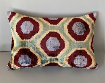 Handwoven Rectangle Ikat Silk Velvet Cushion Cover 16”x24” (40x60 cm) - Burgundy
